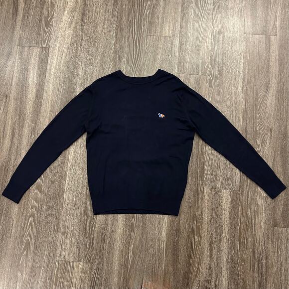 Maison Kitsuné Virgin Wool Tricolor Fox Patch Crewneck Sweater Knitwear Navy EUC - Picture 11 of 12